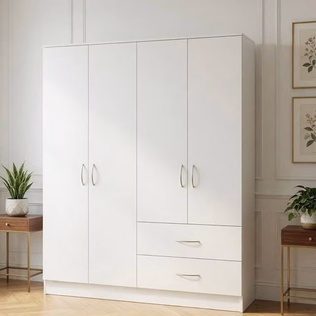 KDMD Chelsea White 4 Door Wardrobe with 2 Integrated Drawers, H 185 cm x W 160 cm x D 50 cm – 1