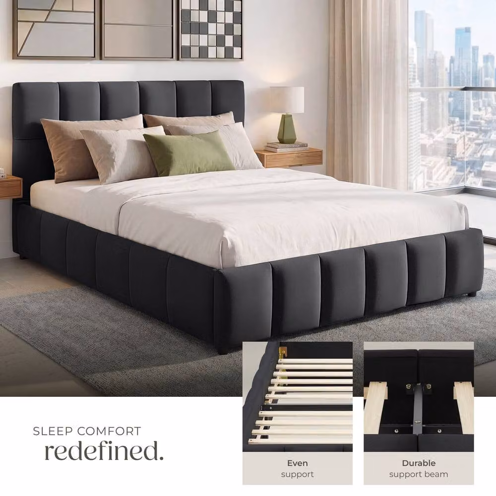 tectake Shirley Upholstered Bed with Slatted Frame and Lift-Up Base, Black, 120 x 200 cm – 4