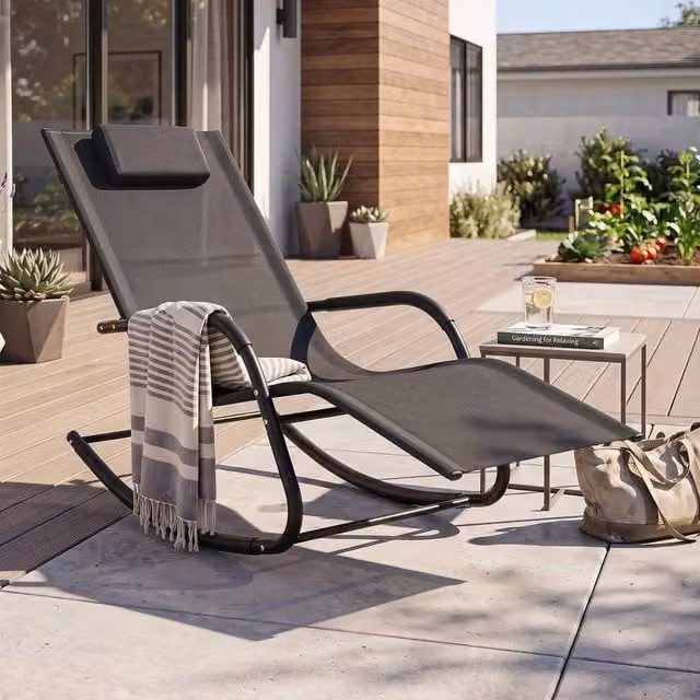 FORGEVIO Black Outdoor Rocking Chair with Textilene Fabric and Metal Frame for Garden or Patio
