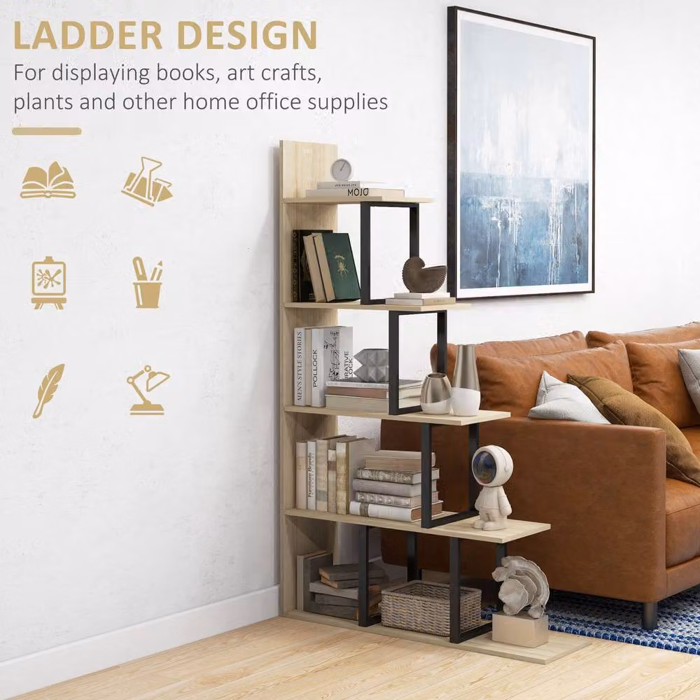 HOMCOM 5-Tier Industrial Ladder Shelf and Bookcase in Oak – 3
