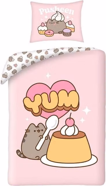 Pusheen Yum Cotton Reversible Duvet Cover and Pillowcase Set in Pink, W/D/H: 140 x 200 cm and 90 x 200 cm