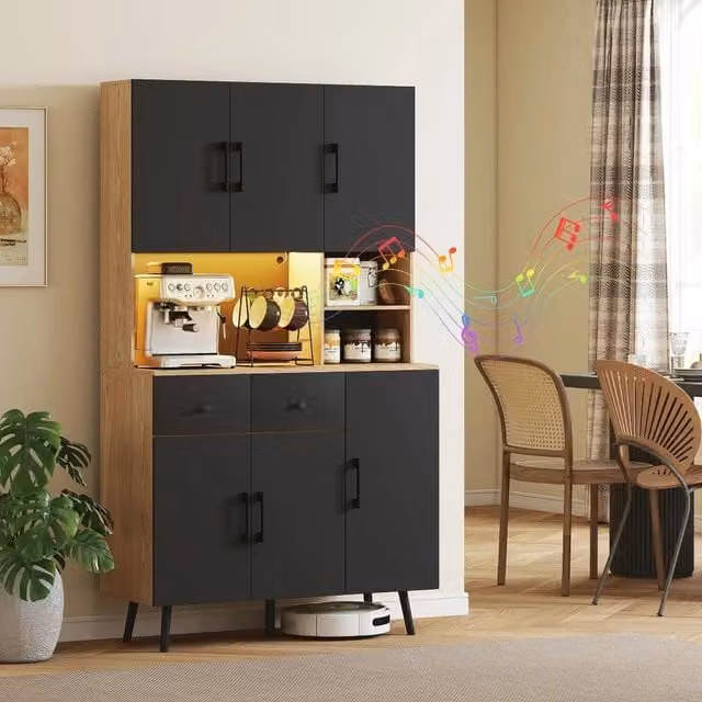 Chilli Seating Modern Black Matt Wood Kitchen Tall Unit with Integrated Lighting and Hinged Doors with Open Shelf