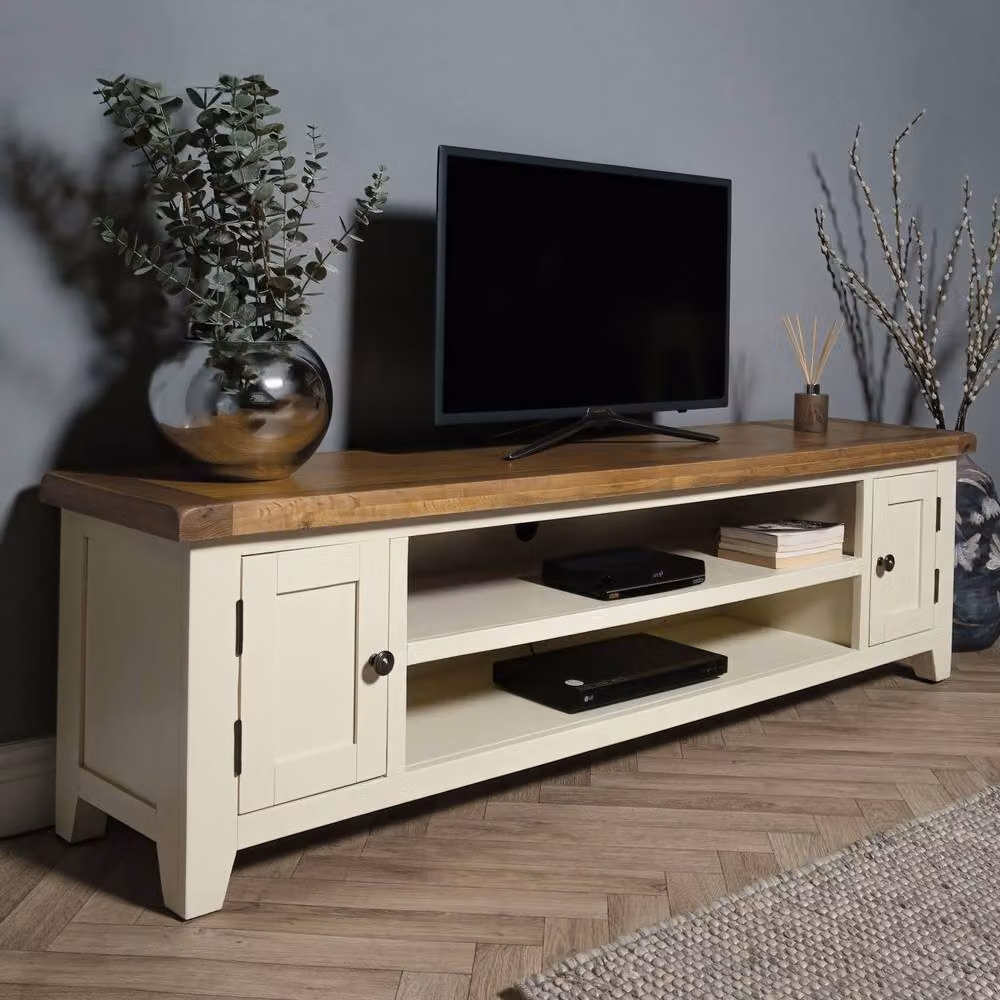 Elm Home And Garden Rustic Painted White and Beige Large Wide Screen TV Media Unit – 2