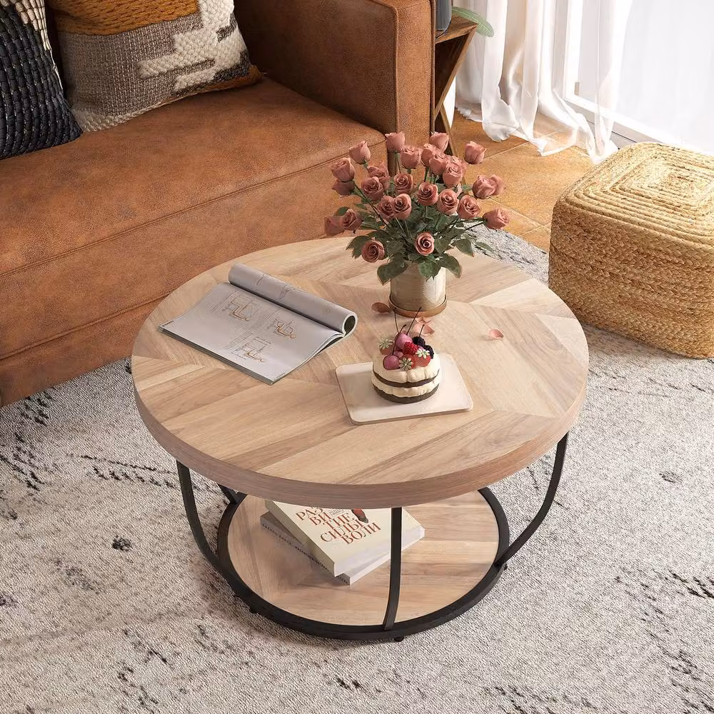 Gymax Round 2-Tier Coffee Table with Faux Wooden Top in Sand Brown – 4