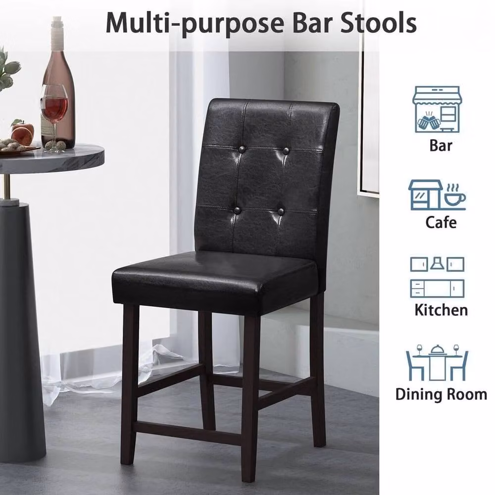 VOGREX 2 Pack Black Button Tufted Synthetic Leather Upholstered Counter Bar Stools – 6