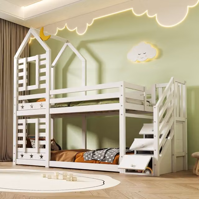 Aosom UK White Cabin-Style Bunk Bed with Staircase Storage and Under-Bed Drawers, Solid Pine Wood Frame, W/D/H: 97 x 235 x 217 cm