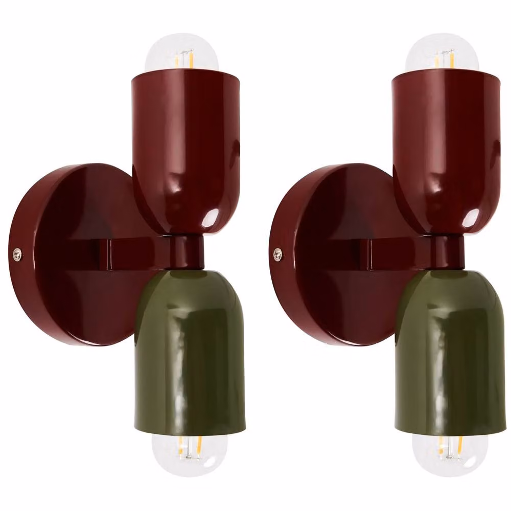 Wyld and Coco Set of 2 Mid-Century Metal Up and Down Wall Lamps in Red and Green – 2