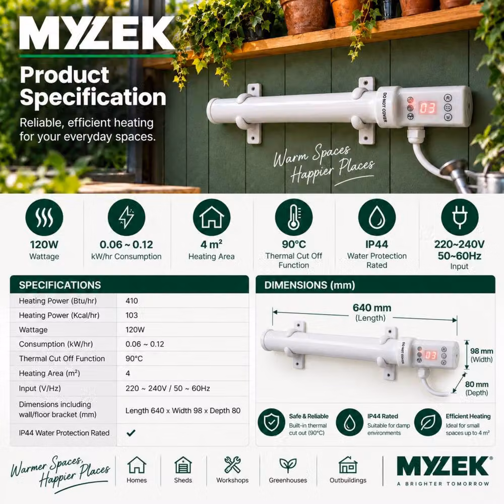 MYLEK White Wall Mounted Tubular Heater with Digital Timer and Frost Protection, 120W – 2