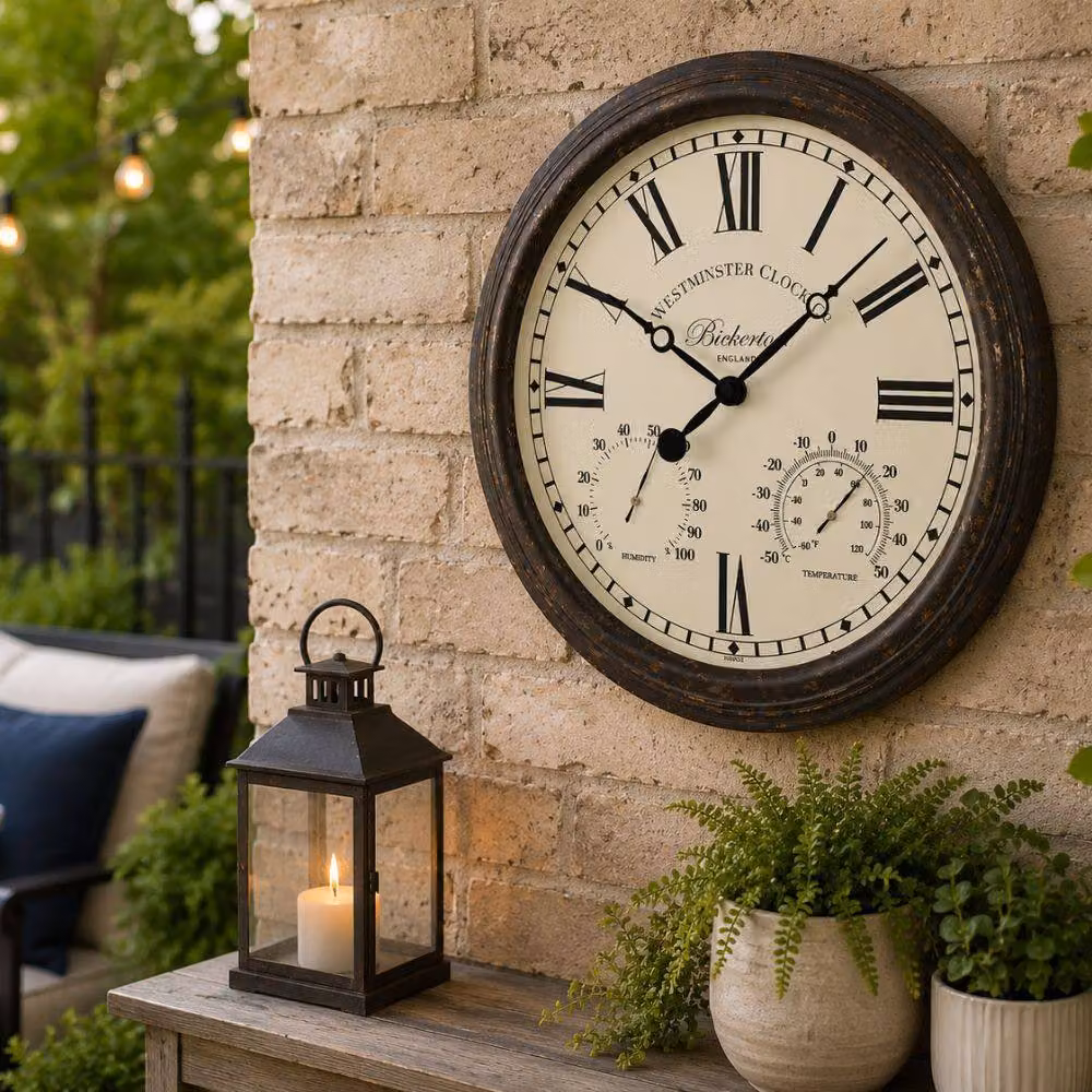 Marco Paul Bickerton Brown Round Analog Wall Clock with Thermometer, Diameter: 38.1 cm – 2