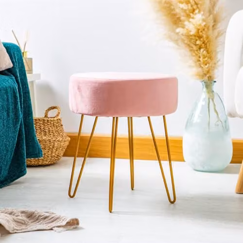 Harbour Housewares Pink Velvet Round Footstool with Gold Legs, H41 x D45 cm – 3