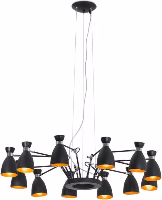 Faro Retro 12-Light Multi-Arm Suspended Ceiling Pendant in Black and Gold/Brass with E14 Bulbs