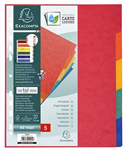 Exacompta Nature Future 5-Part Multi-Coloured Dividers for A4 Documents, Pre-Punched, 225gsm FSC-Certified Paper – 1