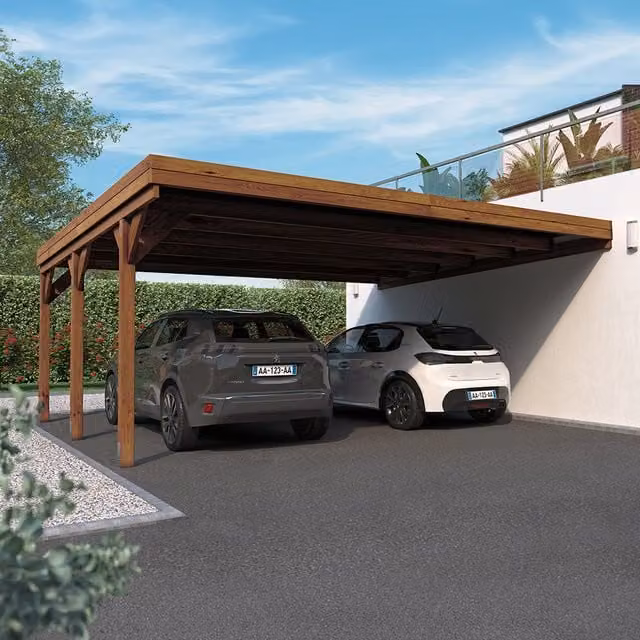 Cerland Victor Brown Wooden Lean-to Double Carport with Polycarbonate Pent Roof