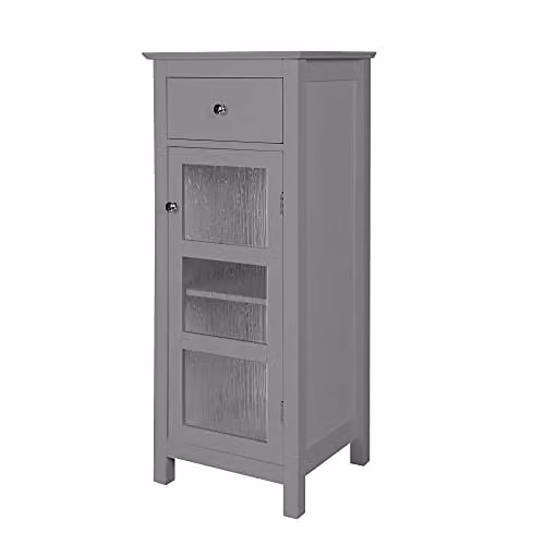 Teamson Home Grey Modern Freestanding Bathroom and Living Room Cabinet with Glass Doors and Internal Shelves H: 91.4 cm, W: 38.1 cm, D: 35.6 cm – 1