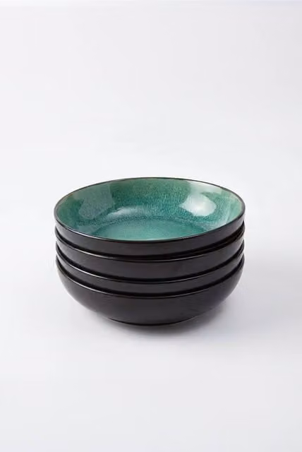 Scandi Home Rivah Green Stoneware Pasta Bowls Set of 4, Diameter: 21 cm