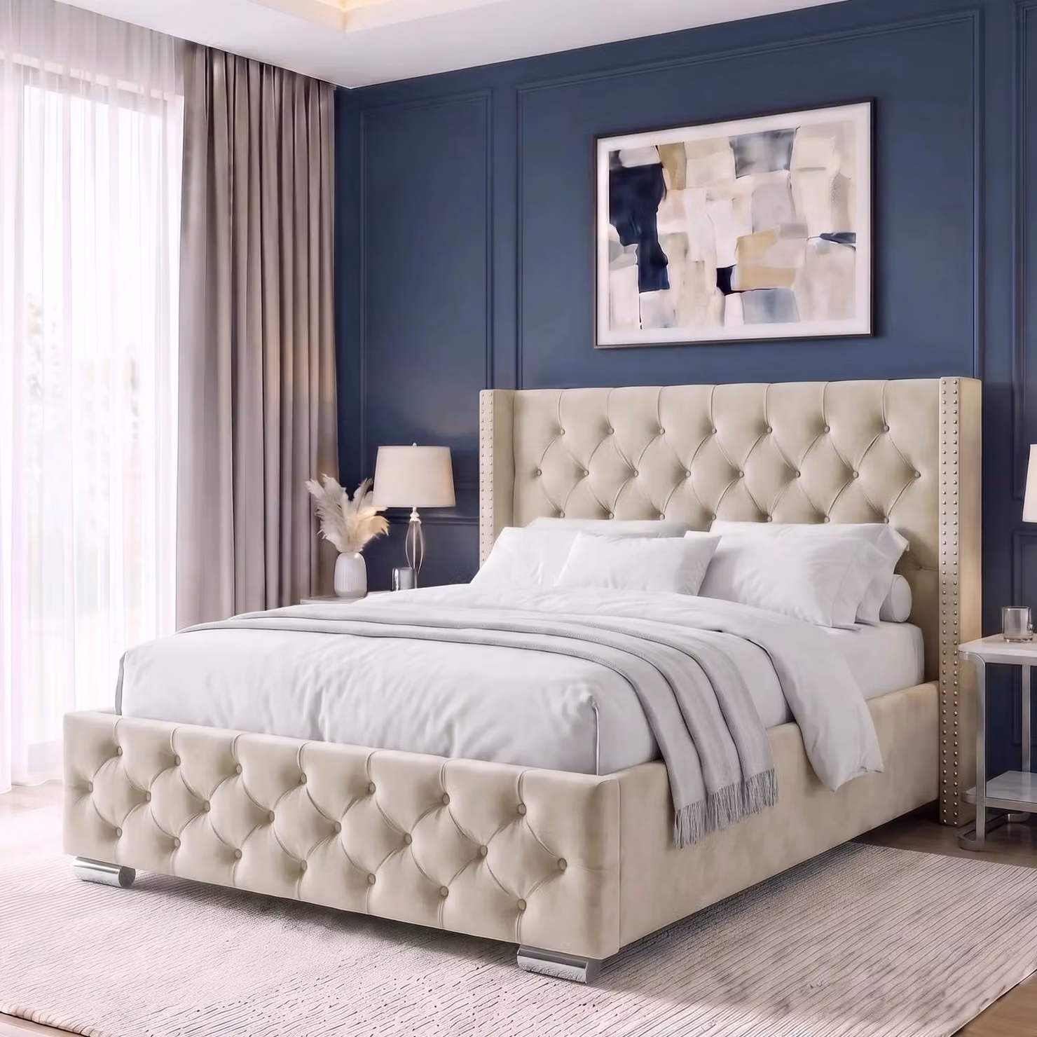 DHS Cross Pattern Velvet Ottoman Storage Bed with Winged Frame in Beige, Double (140 x 200 cm)