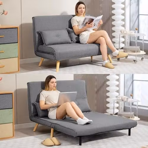 HOMCOM 2 Seater Click Clack Sofa Bed in Grey with Fabric Upholstery and Metal Frame – 6