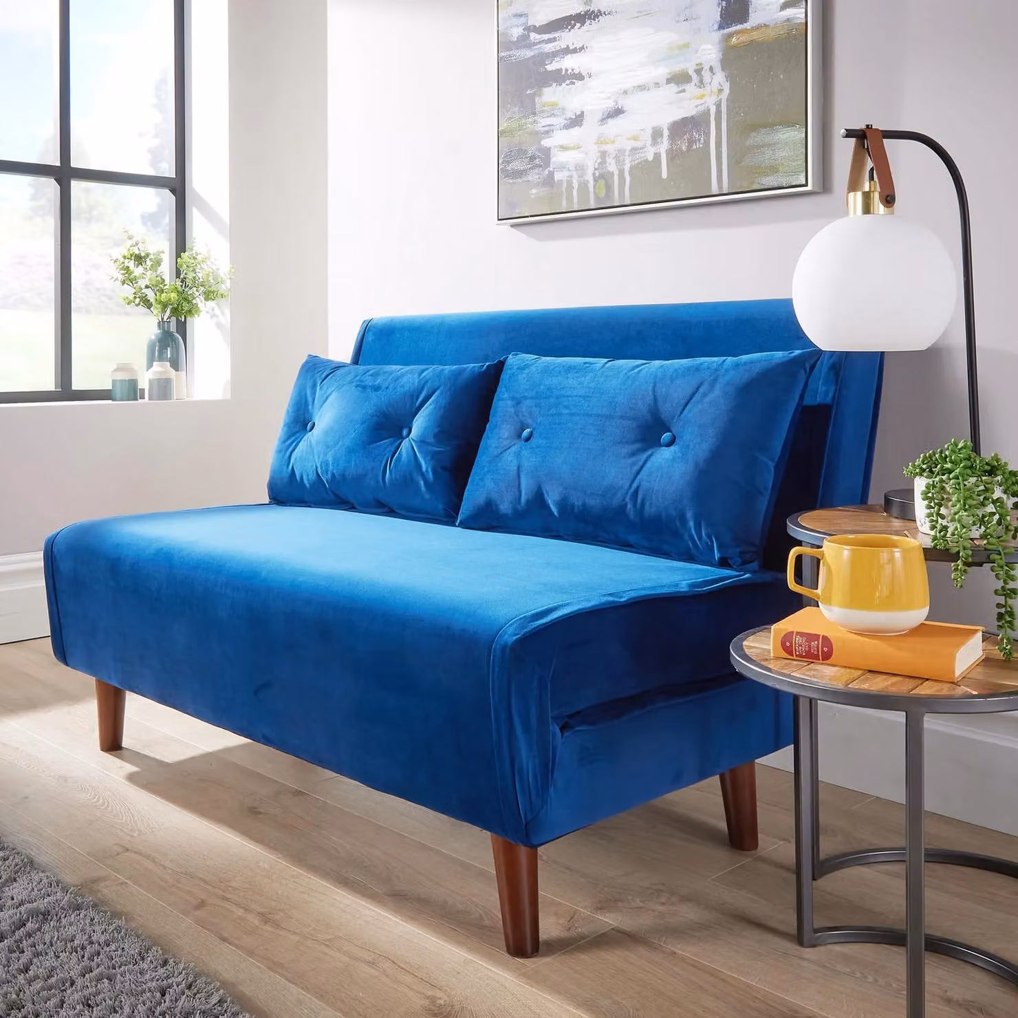 Home Source Blue Velvet Double Sofa Bed with Wooden Legs and Two Pillows – 4