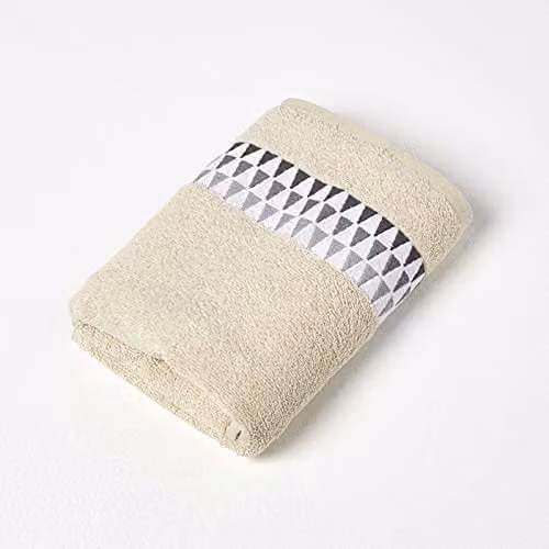 HOMESCAPES Beige Geometric Pattern 100% Cotton Hand Towel