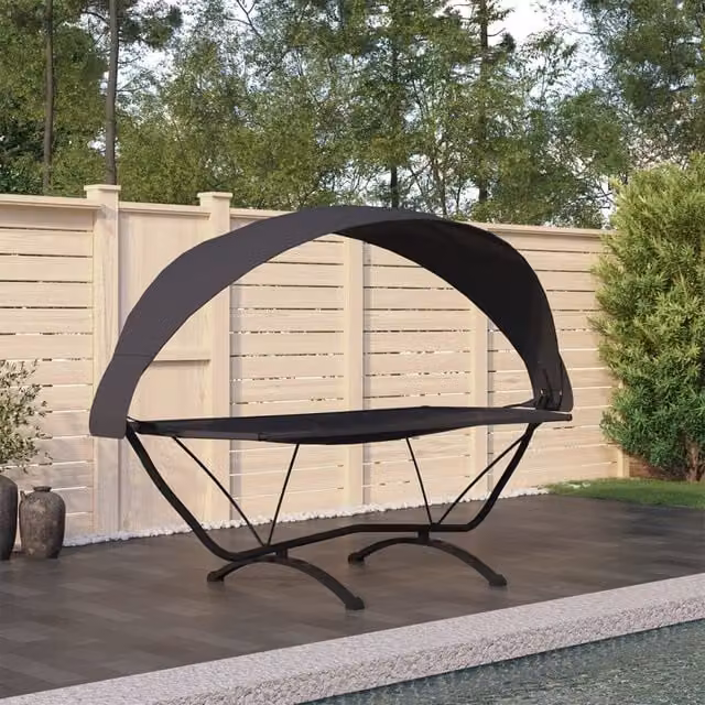 Berkfield Home Outdoor Lounge Bed with Sun Canopy in Black Powder Coated Steel and Oxford Fabric