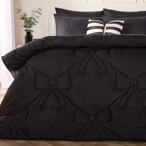 OHS Black Bow Lattice Coverless 7.5 Tog Microfibre Double Duvet and Pillowcase Set, W/D/H: 200 x 200 x 200 cm