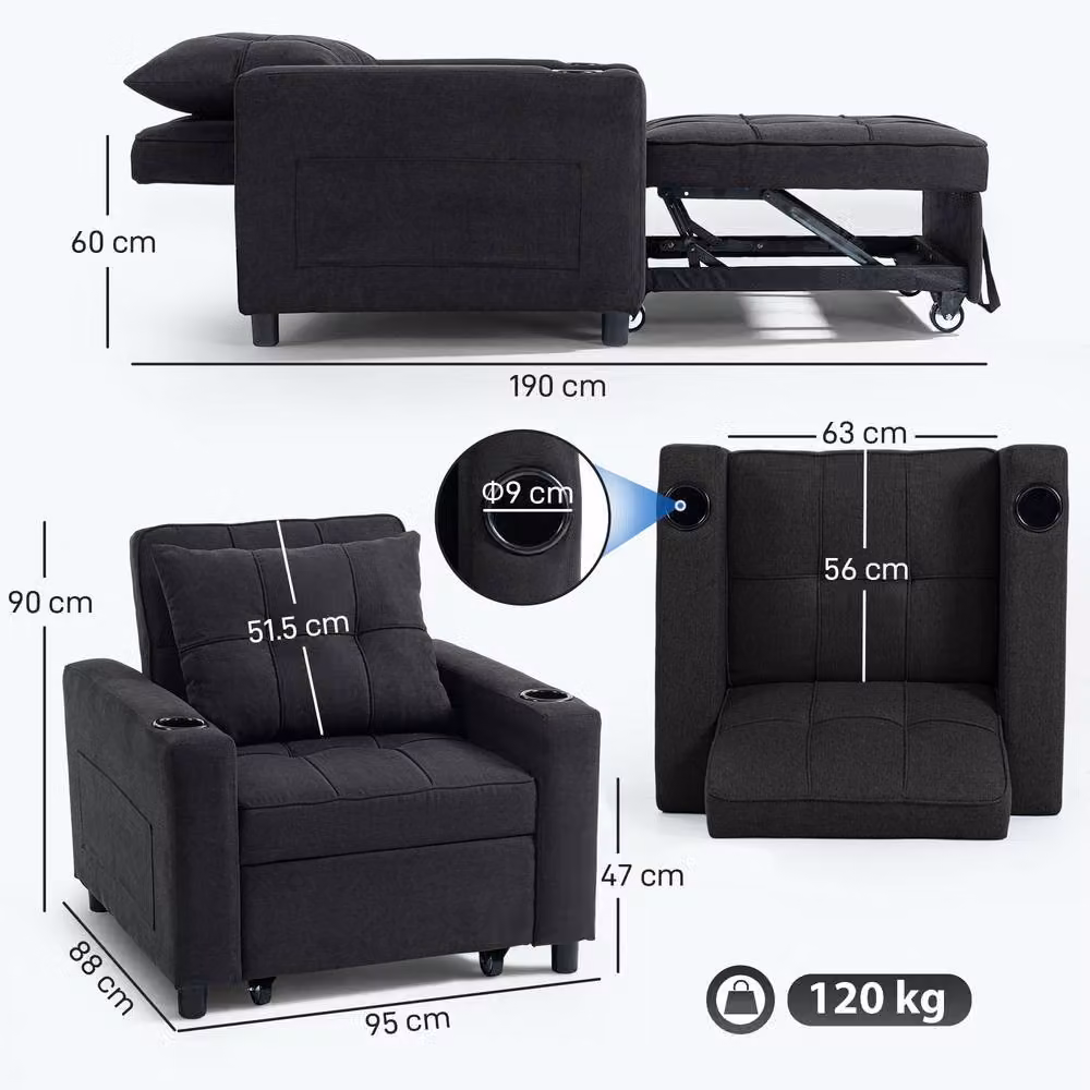 HOMCOM 3-in-1 Convertible Sofa Bed and Sleeper Chair with Adjustable Backrest in Black – 3