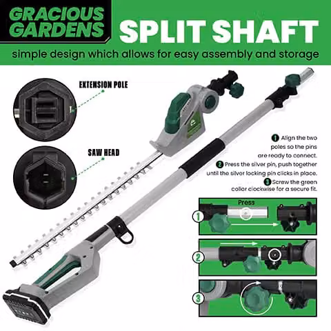 Gracious Gardens 18V Long Reach Cordless Reciprocating Hedge Trimmer in Grey and Green with 2 Rechargeable Batteries and Quick Charger – 5