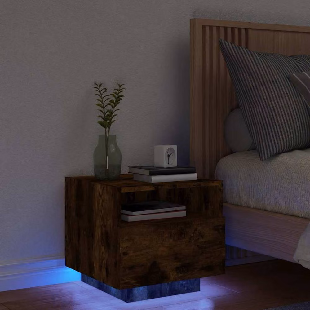 Berkfield Home Bedside Cabinet with Integrated LED Lights in Smoked Oak Brown, W/D/H: 40 x 39 x 37 cm – 2