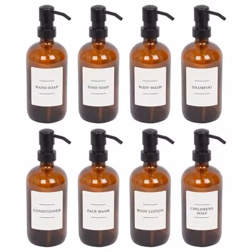 Harbour Housewares Pack of 8 Glass Soap Dispensers with Labels, 500ml, Orange with White Details