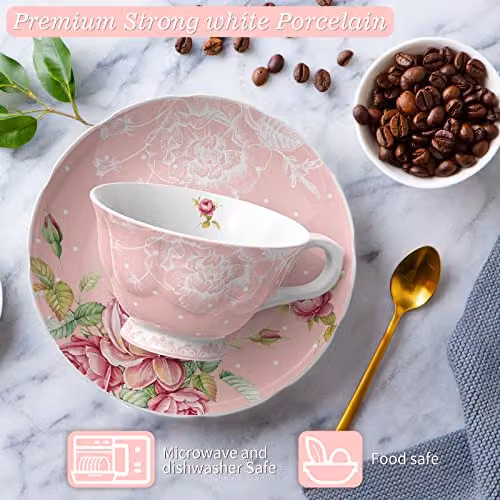 London Boutique Pink and White Floral Tea Cup and Saucer Set of 2 in New Bone China – 5