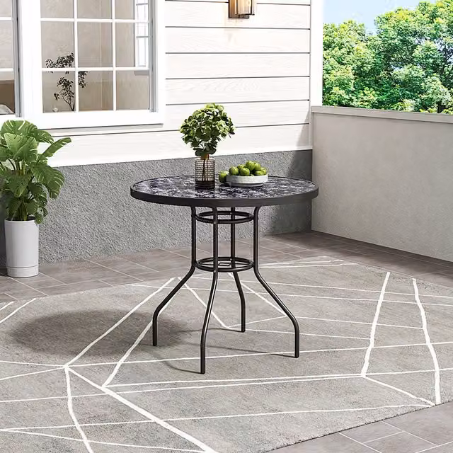Breeins Round Black Marble Effect Tempered Glass Garden Table, W: 80 cm, H: 72.5 cm