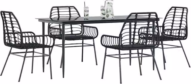 Berkfield Home 5 Piece Modern Garden Dining Set in Black Poly Rattan with Glass Top – 1
