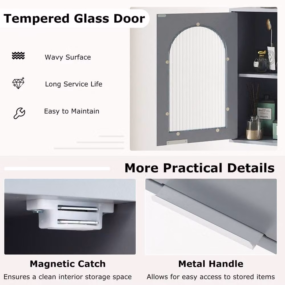 Costway Grey Wooden Wall Mounted Bathroom and Medicine Cabinet with Glass Doors – 5