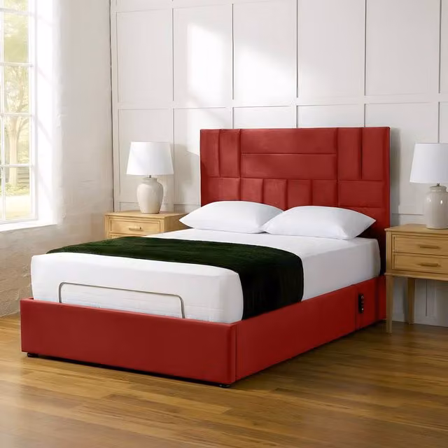 Paradise Beds Ltd Electric Adjustable Mobility Bed with Headboard and Mattress, Red Velvet, Super King, 200 x 200 cm