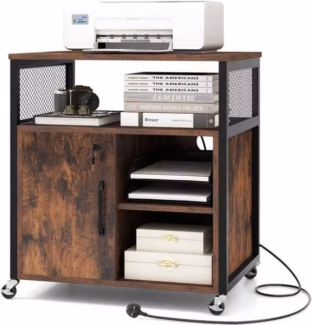 Costway Mobile Lateral Filing Cabinet with Charging Station in Brown