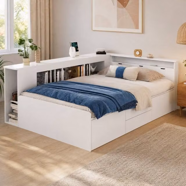 STILVORA Single Bed Frame with Storage Drawers and Bedside Shelf, White, W/D/H: 90 x 190 cm
