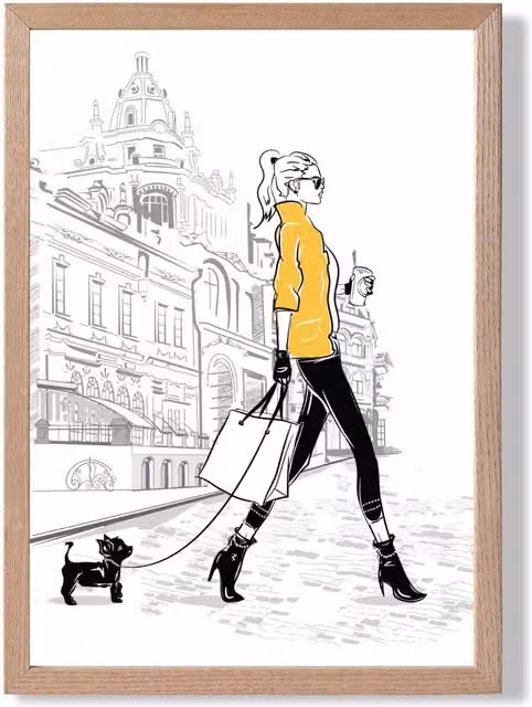 ARTZE Paris Street with Dog Style and Fashion Sketch Framed Print, Yellow and Black, Oak Wood Frame