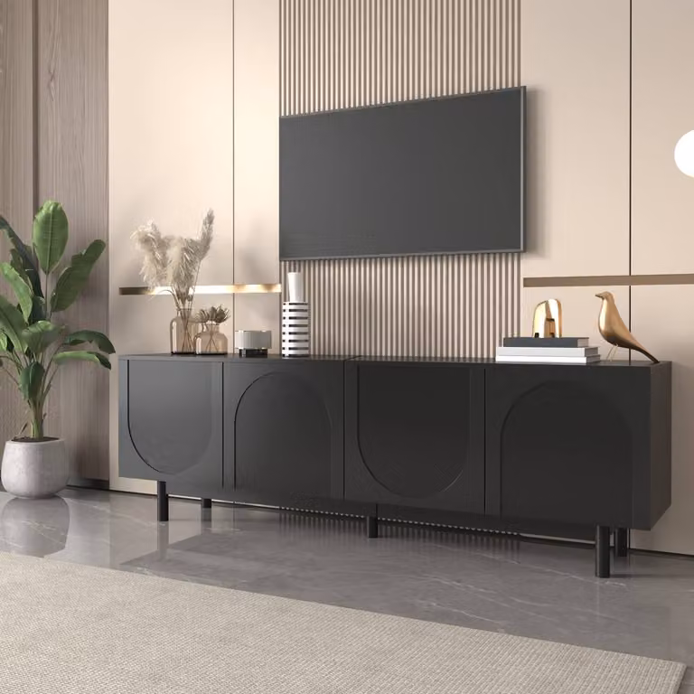 BTM Modern White and Black Glossy TV Cabinet with Media Compartments, W/D/H: 175 x 38 x 56 cm