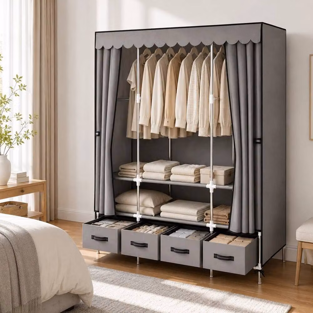 FORGEVIO Grey Treasure Portable Fabric Wardrobe with Integrated Drawers – 3