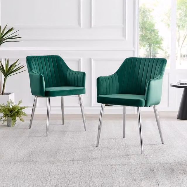FurnitureboxUK Calla Modern Green Velvet Dining Chairs with Chrome Metal Legs, Set of 2