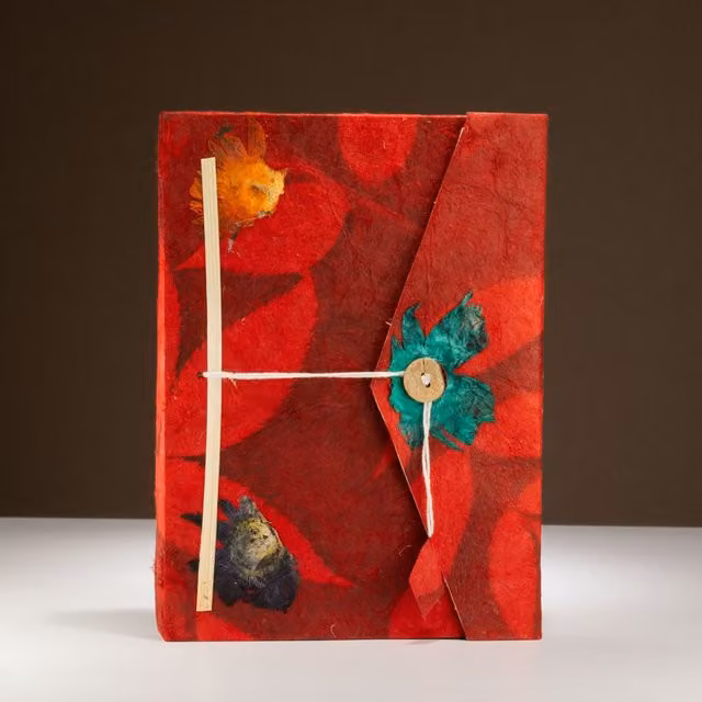 Lokta Ruby Floral Notebook, Red, W: 21 cm, H: 15 cm, 45 Leaves with Bookmark