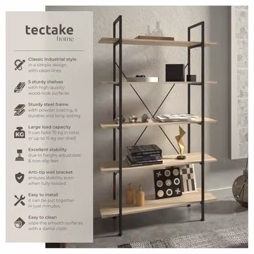 tectake Glasgow Industrial Ladder Shelf with 5 Shelves in Brown, H 179.5 x W 106.0 x D 34.5 cm – 2