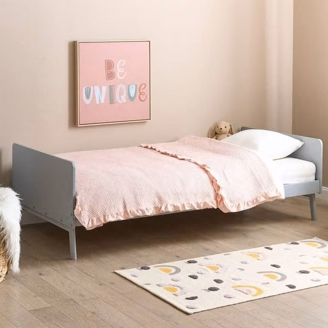 Wyld and Coco Scandinavian Single Bed Frame in Grey Lacquered Solid Pine, W/D/H: 90 x 200 cm