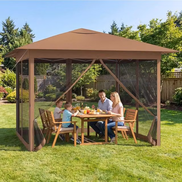 Gymax Instant Pop Up Gazebo with 350cm Mesh Screen and 4 Doors in Brown and Silver, W: 350 cm, D: 350 cm, H: 250 cm