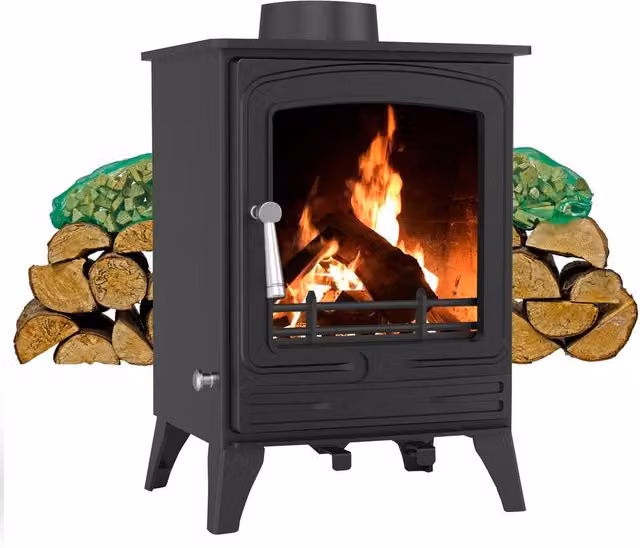RoyalFire 5kW Steel Multifuel Wood Burning Stove with Firewood Starter Kit in Dark Grey