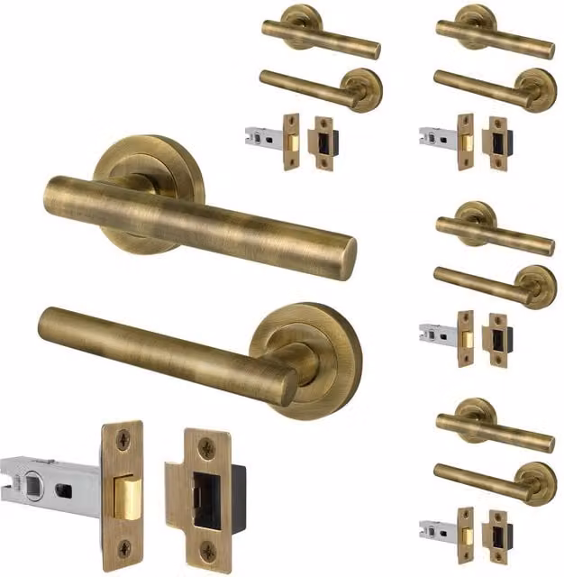 AFIT Antique Brass T-Bar Door Handle and Latch Set with Round Rosette in Gold, 5 Pairs