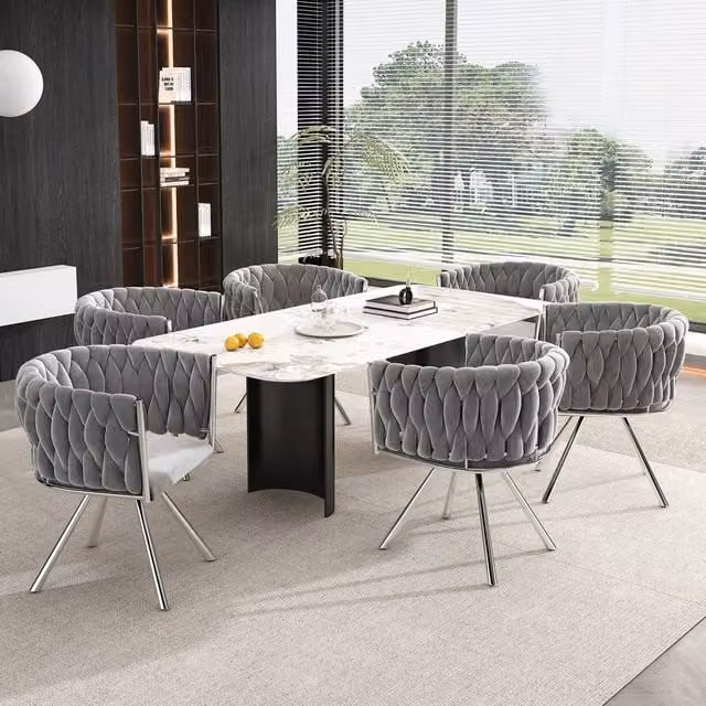 Merax Set of 6 Grey Velvet 360-Degree Swivel Dining Chairs with Metal Legs