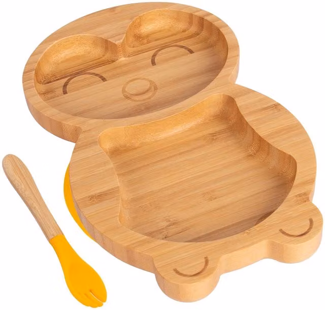 Tiny Dining Bamboo Penguin Baby Weaning Divided Plate and Fork Set in Yellow