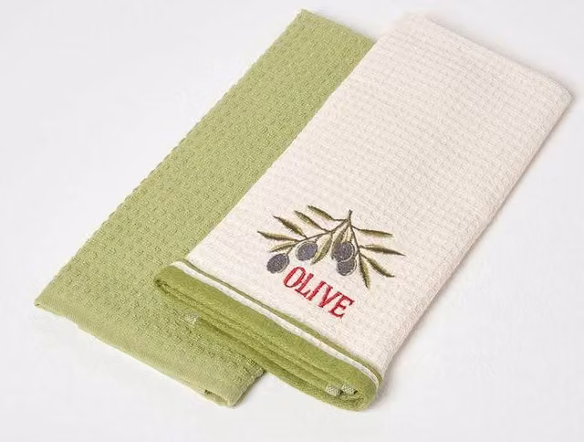 Homescapes Olive Waffle Cotton Tea Towels, Set of 2, Green, W: 40 cm, H: 60 cm
