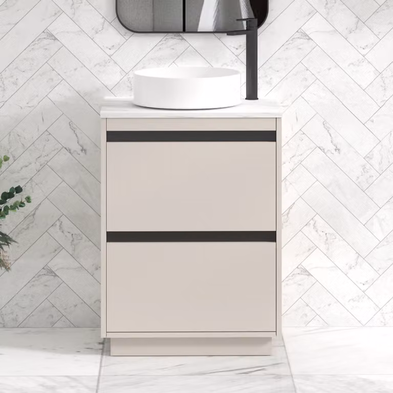 Royal Bathrooms Orion 600mm Warm Taupe Floor Standing 2 Drawer Vanity Unit with Carrara White Undrilled Worktop and Black Accent Trim